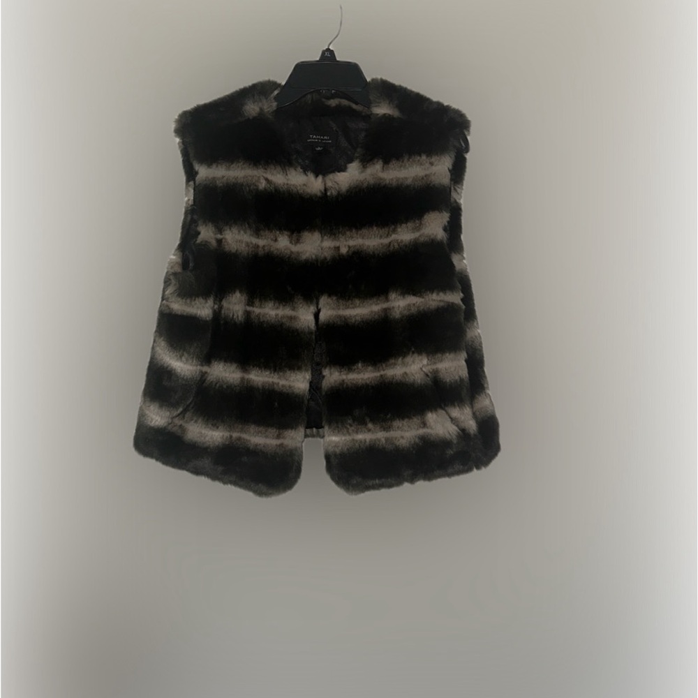 Tahari Black and Gray Striped Teddy Vest